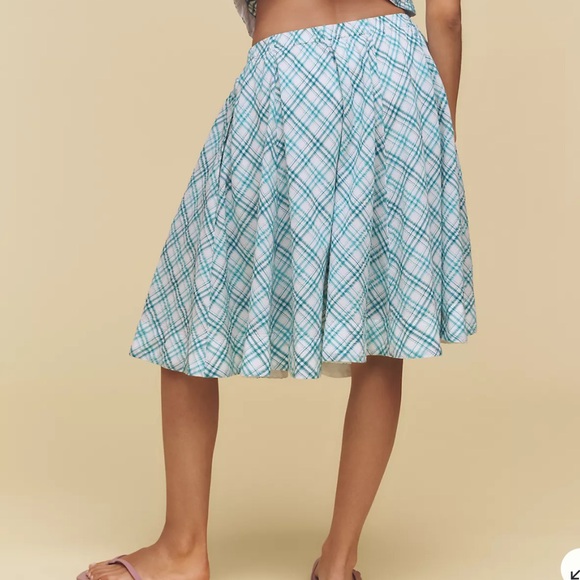 NWT Anthropologie Maeve Teal and White Plaid A Line Midi Skirt Size Medium - Picture 2 of 11